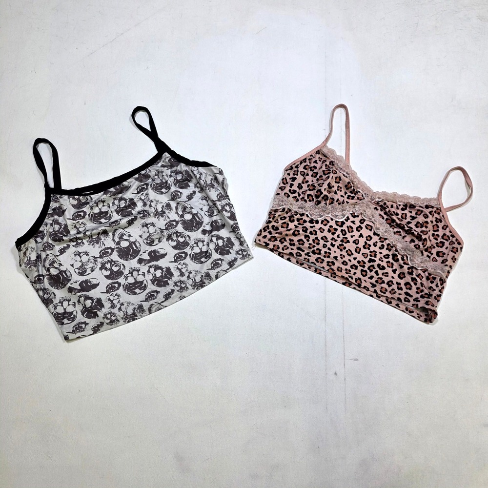 2pc Camisole Crop Tops Small Pink Leopard Lace & Gray Skull Print Grunge Y2K
